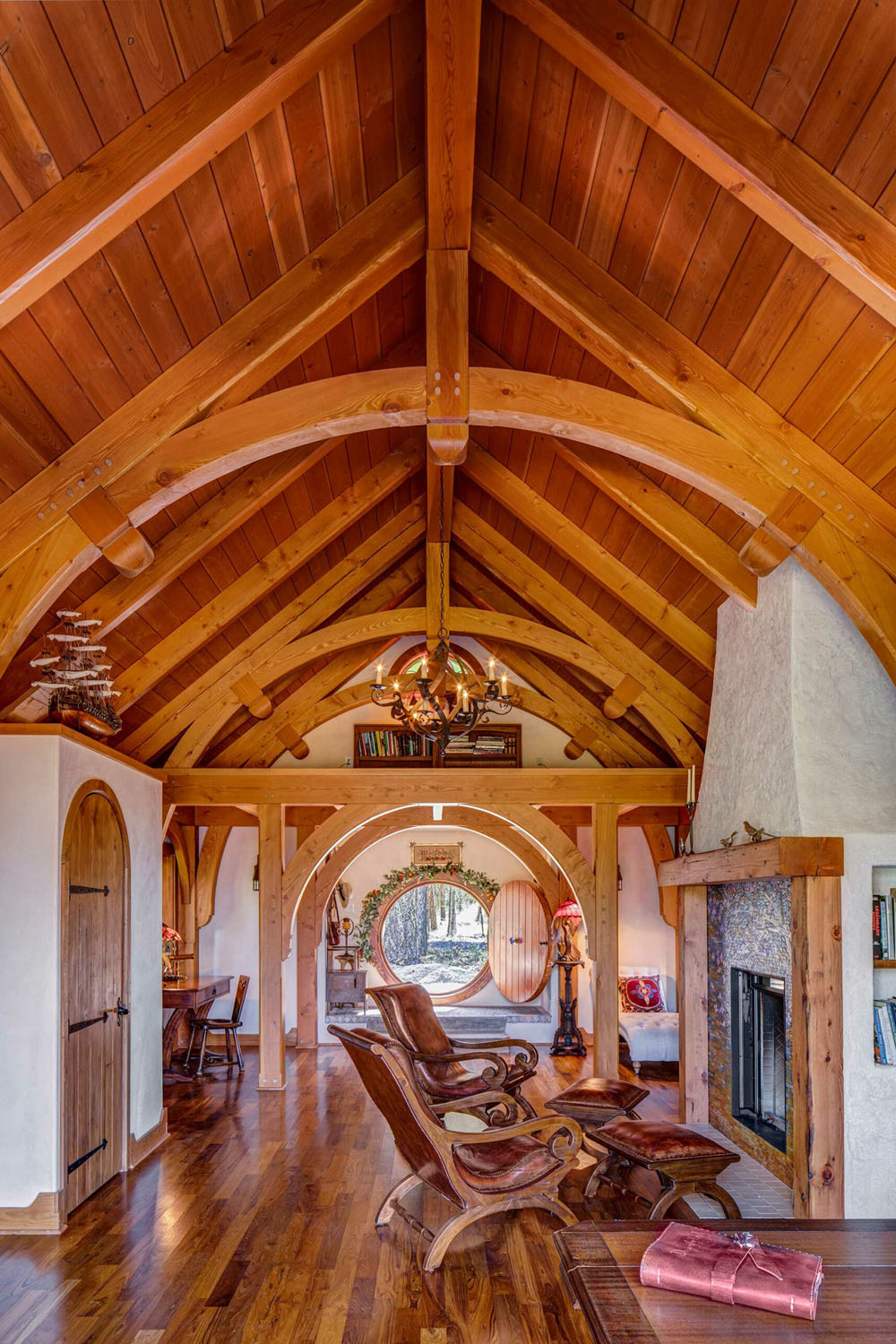 Timber-Framed Living Room with Vaulted Ceilings