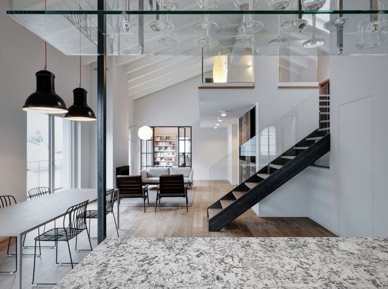 Double-Height Loft with Wood, Iron and Glass Staircase to the Mezzanine ...