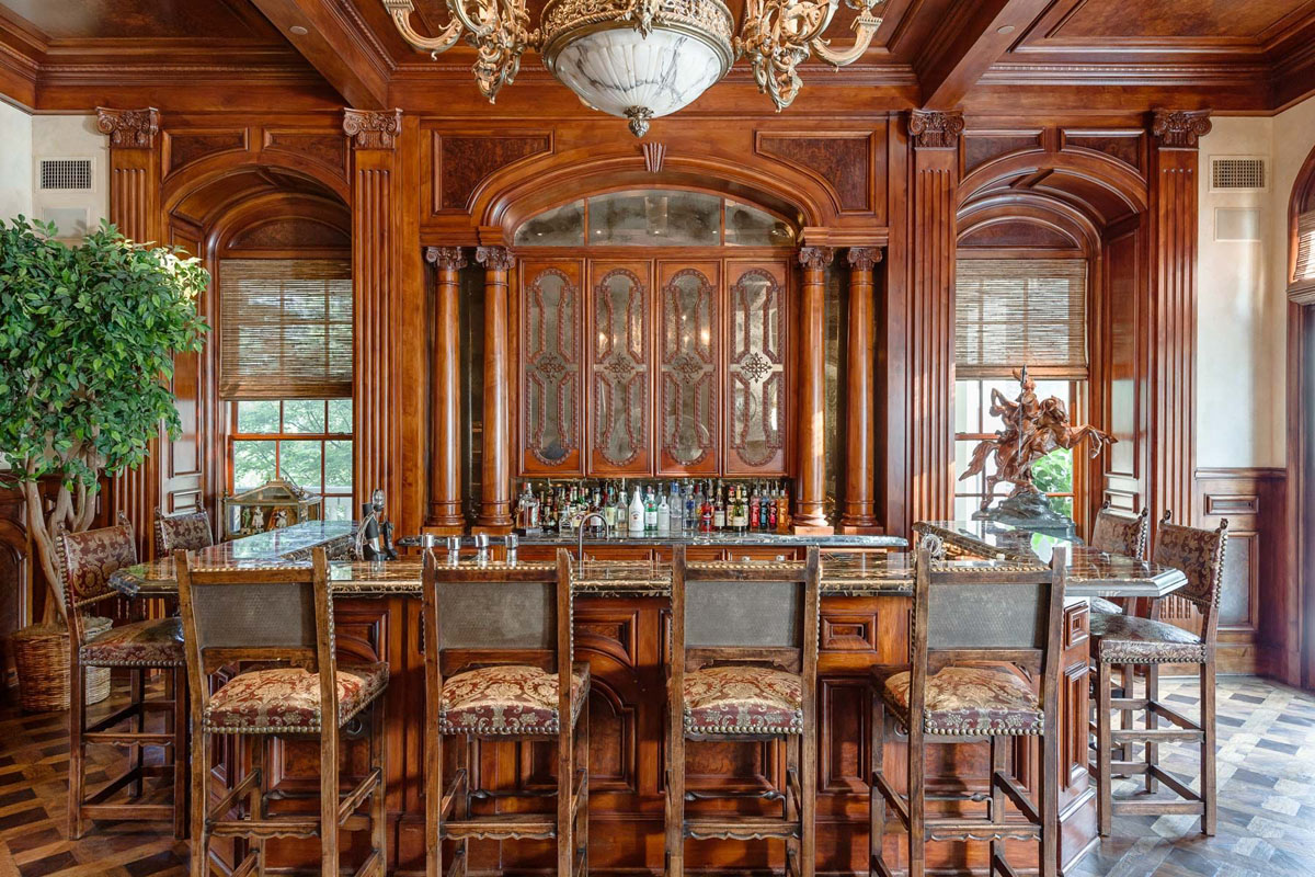 Home Bar with Burled Walnut Coffered Ceiling