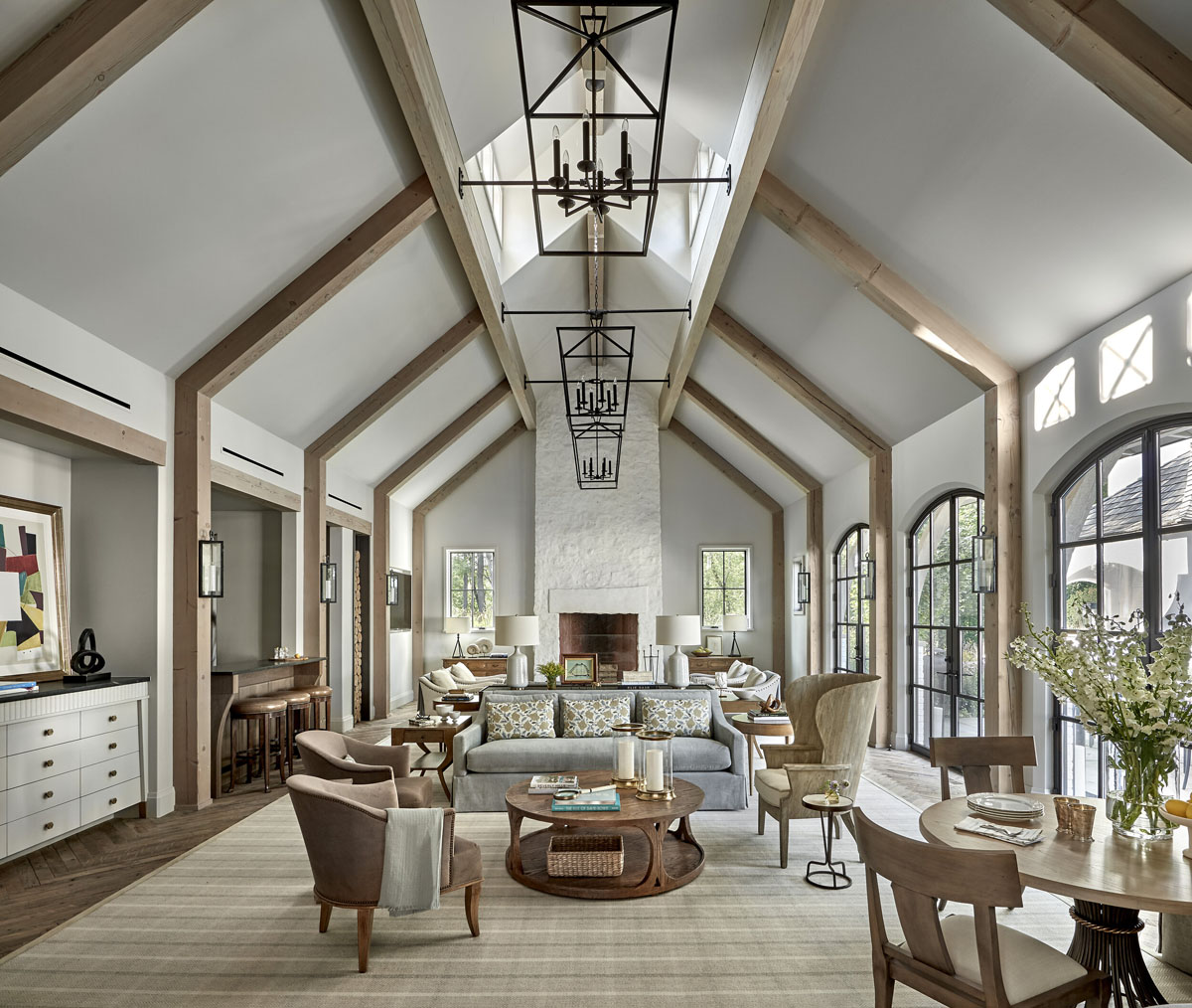 Open Concept Grand Living Room with Cathedral Ceiling and Solid Wood Beams