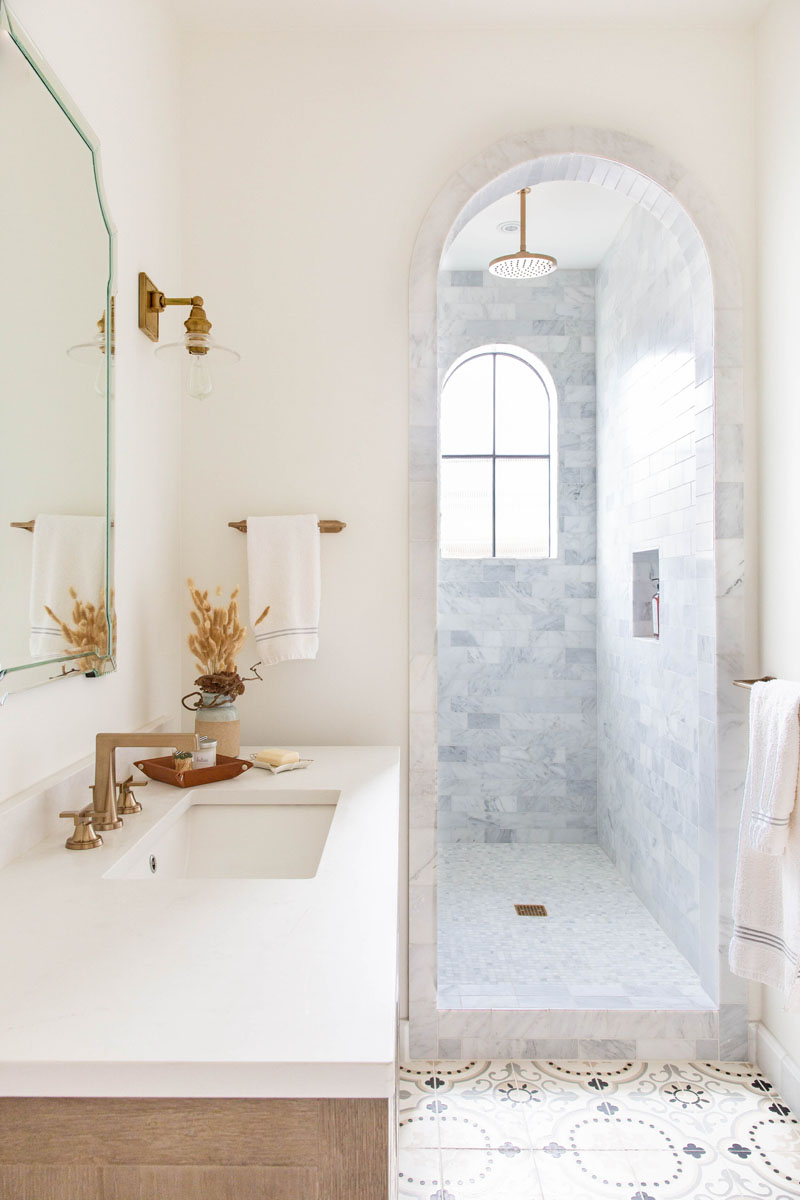 Contemporary Neutral Bathroom with Arched Shower