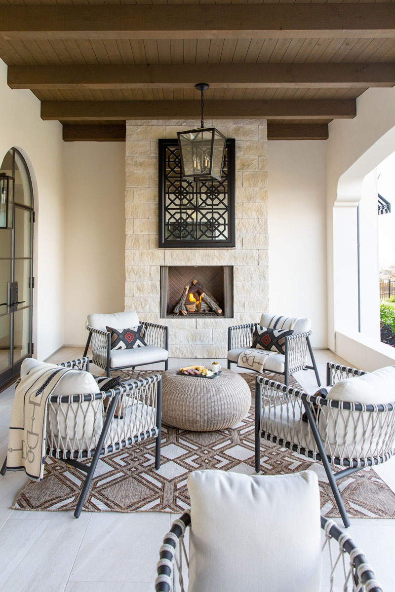 California Room Covered Patio with Stone Fireplace