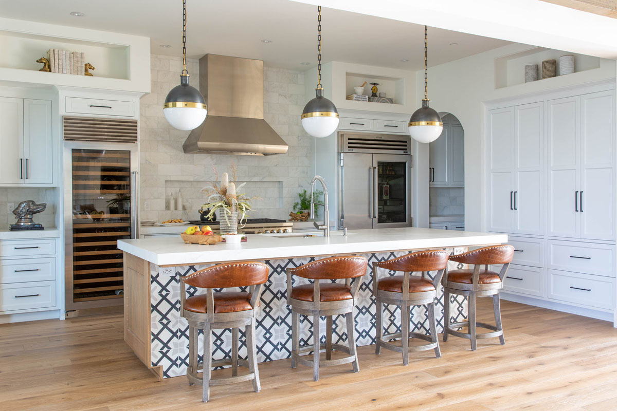Contemporary Chef Kitchen with Brown Leather Barstools
