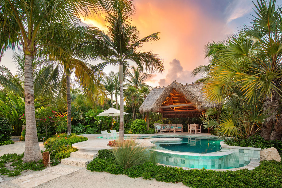 Chickee hut inspired by Seminole Indian architecture with palmetto thatch roof 